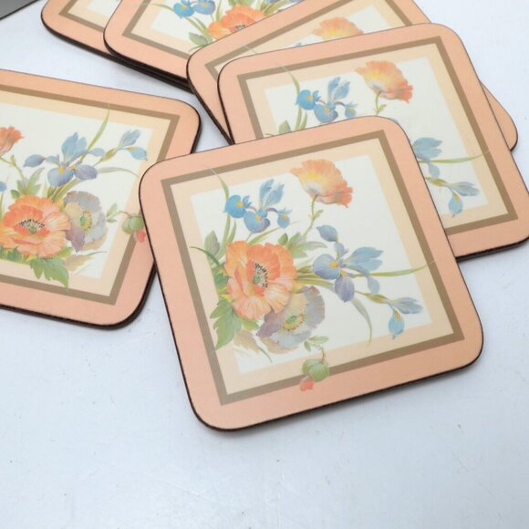 Vintage Pimpernel Acrylic Cork Coasters Peach Pastel Floral Made in England x 6 - Picture 3 of 10